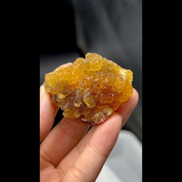 Glassy amber yellow fluorite cluster with purple zones from Henan — detail view