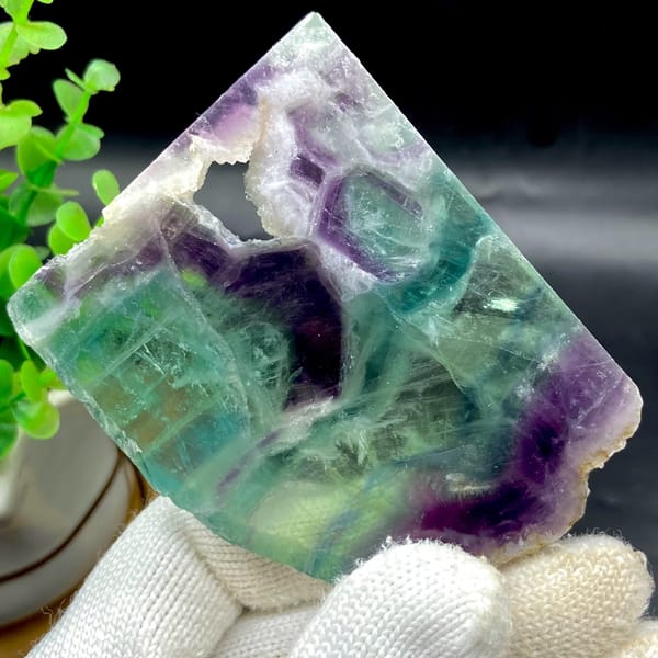 Polished fluorite slice banded in green, purple and clear — alternate view