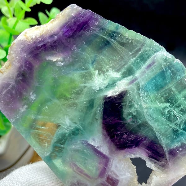 Polished fluorite slice banded in green, purple and clear — detail view