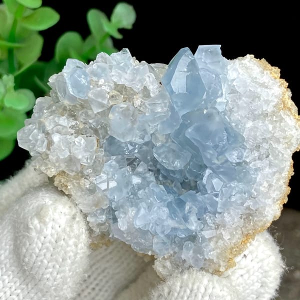 Pale sky-blue celestite crystal cluster — alternate view