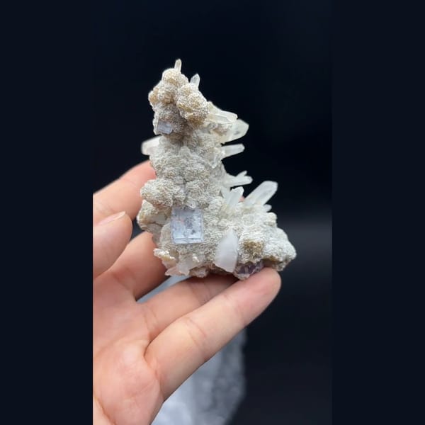 Fluorite with white quartz and mica from Yaogangxian, Hunan — detail view