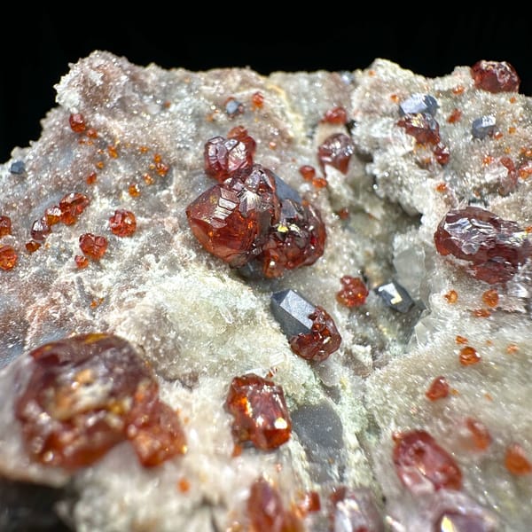 Gemmy red sphalerite with galena and quartz from Hunan — detail view
