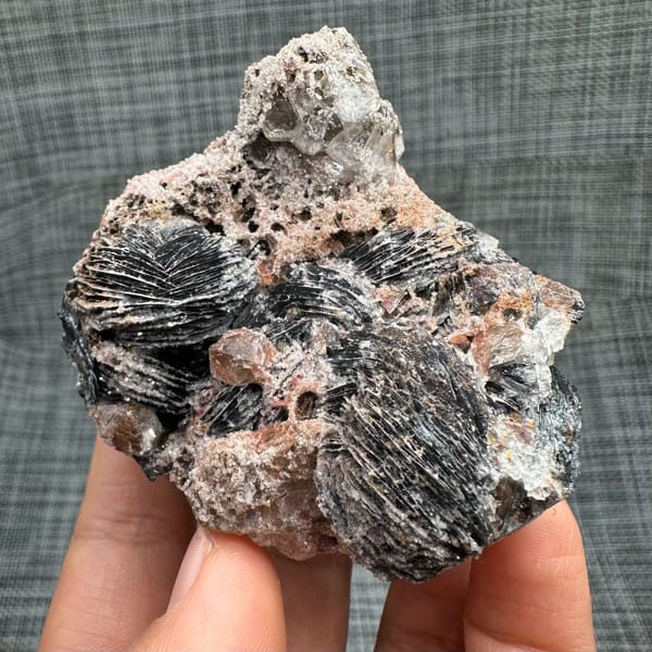 Frosted specular hematite rosettes with quartz on reddish matrix — complete view