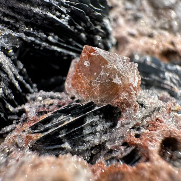 Frosted specular hematite rosettes with quartz on reddish matrix — detail view