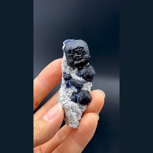 Dark blue cubic fluorite crystals on white quartz from Inner Mongolia — alternate view