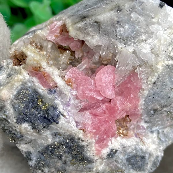 Bright pink rhodochrosite crystals with quartz on grey matrix — alternate view