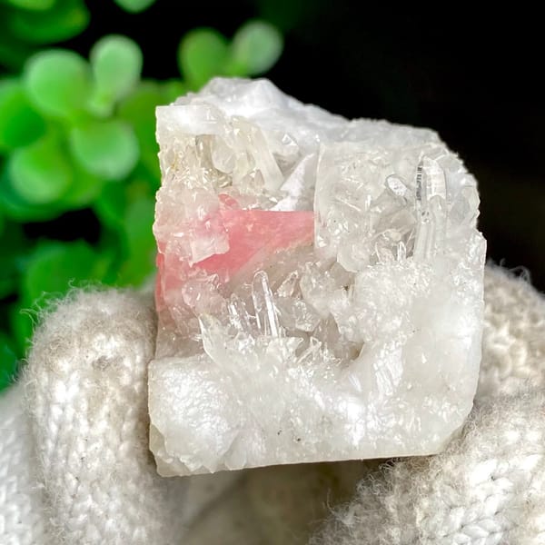 Pink platy rhodochrosite in white quartz — alternate view