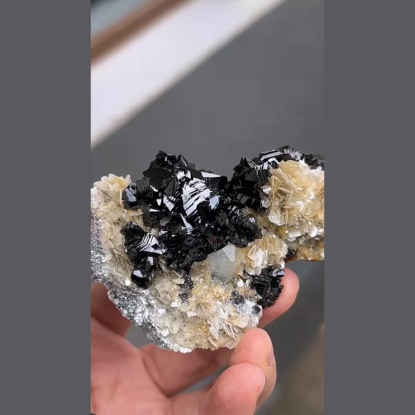 Glossy black cassiterite with aquamarine and mica from Xuebaoding, Sichuan — complete view