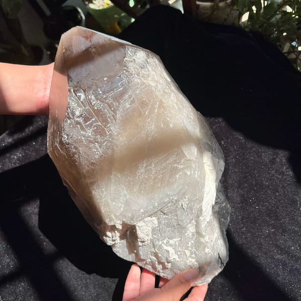 Tall skeletal smoky quartz crystal on a carved wood stand — detail view