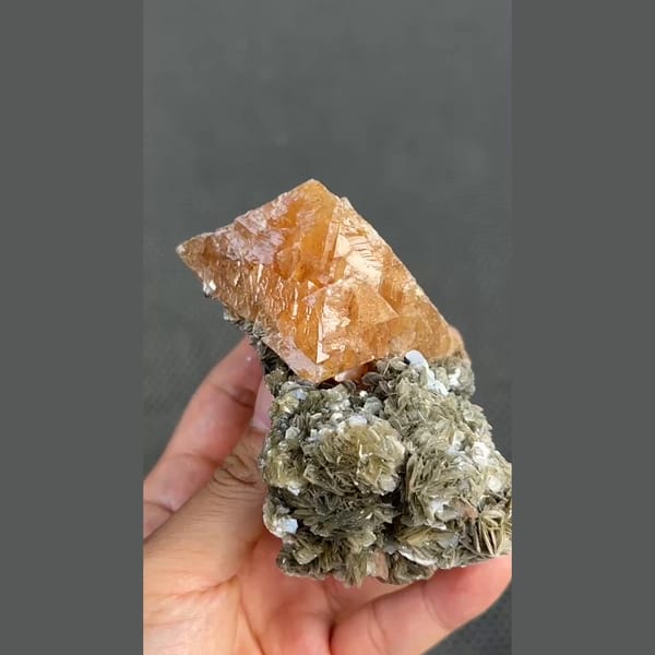 Large translucent orange scheelite on mica matrix from Xuebaoding, Sichuan — alternate view