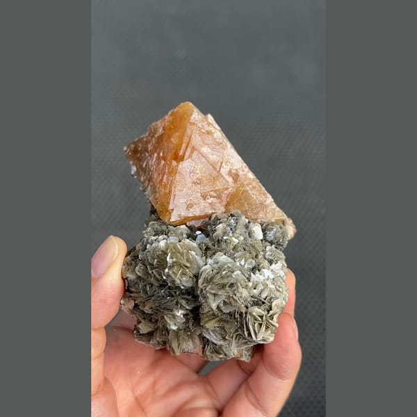 Large translucent orange scheelite on mica matrix from Xuebaoding, Sichuan — detail view