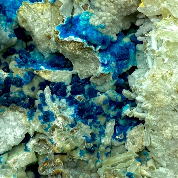 Deep blue veszelyite crystals on a large matrix — detail view