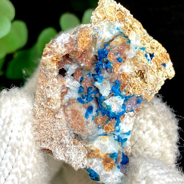 Deep blue veszelyite crystals on a tan matrix — alternate view