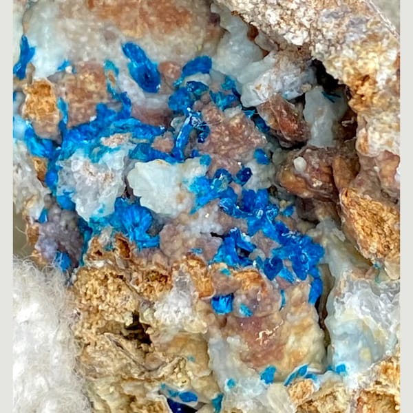 Deep blue veszelyite crystals on a tan matrix — alternate view