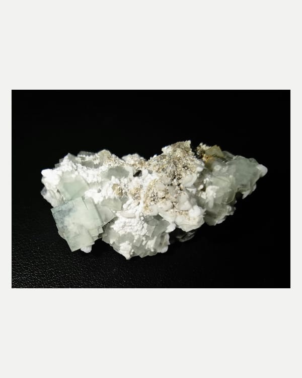 Complete front broad face of the exact fluorite, calcite and arsenopyrite specimen