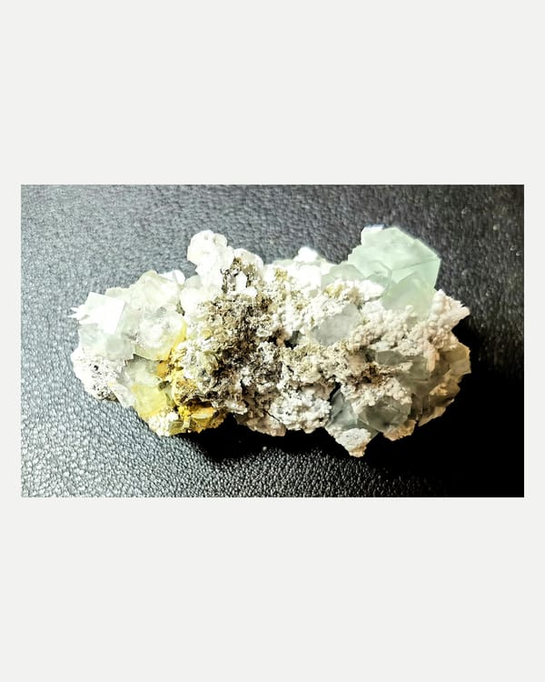 Complete reverse broad face of the exact fluorite, calcite and arsenopyrite specimen