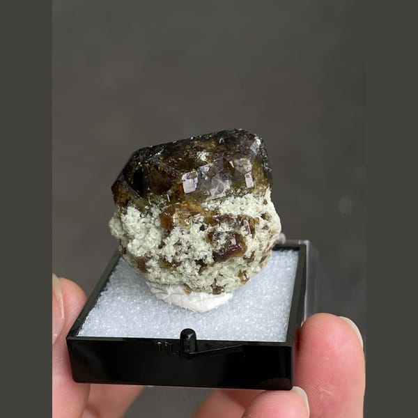 Lustrous brown vesuvianite crystal from Hebei — complete view