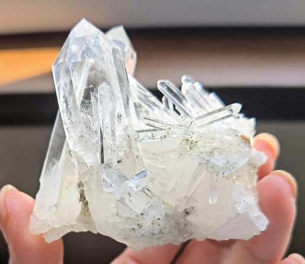 Clear Lemurian Quartz Cluster with Green Phantom — Colombia — individual mineral specimen view 1