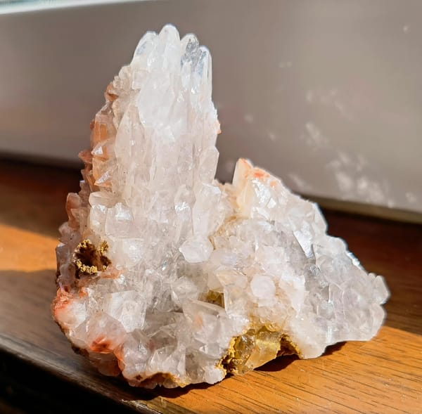 Feather Calcite and Pale Yellow Quartz Cluster — individual mineral specimen view 1