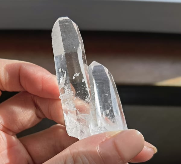 Twin Lemurian Quartz Points — Colombia — individual mineral specimen view 1