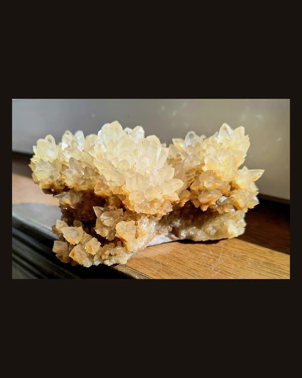 Complete front of the cream-to-honey crystallized stone-flower cluster from Yunnan