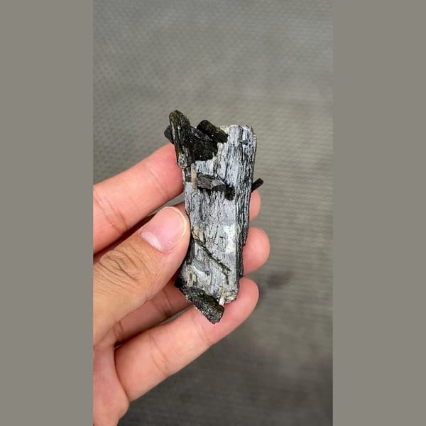 Long dark lustrous epidote crystals with white zeolite — detail view