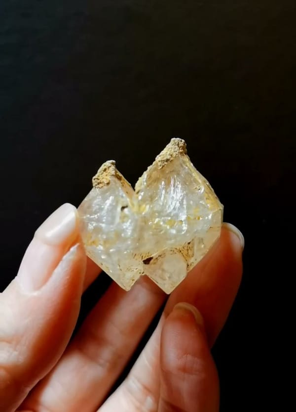 Complete front view of Twinned Frosted Skeletal Quartz from Pakistan