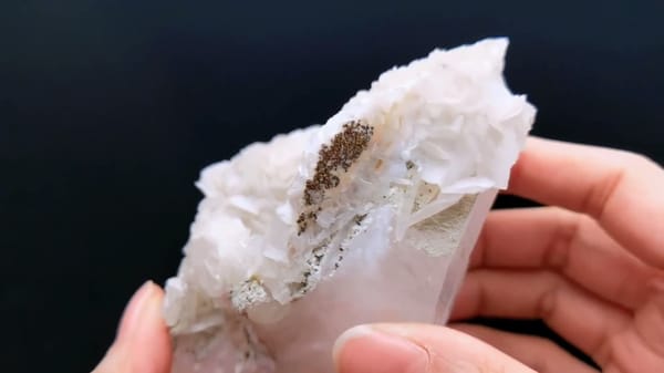 Complete side view of the exact Quartz with Lace Calcite and Pyrite from Yaogangxian