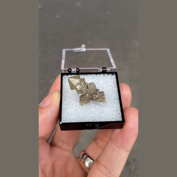 Small screw quartz crystal in display box from Inner Mongolia — complete view