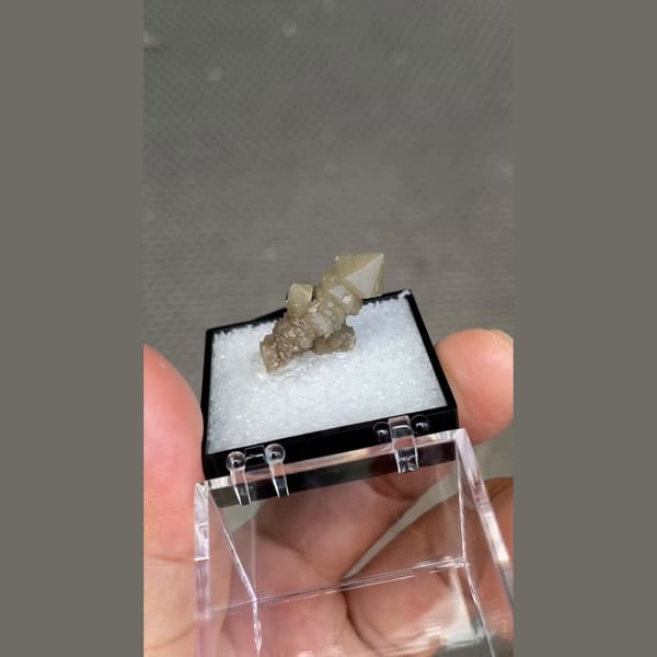 Small screw quartz crystal in display box from Inner Mongolia — alternate view