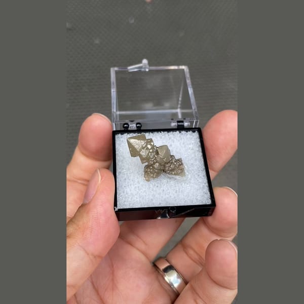 Small screw quartz crystal in display box from Inner Mongolia — detail view