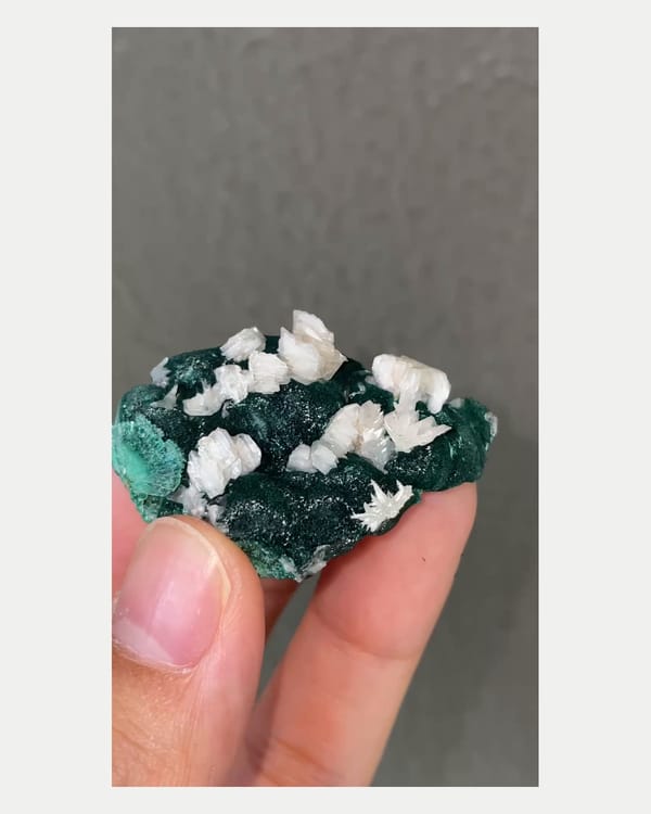 Complete front view of white cerussite on green malachite