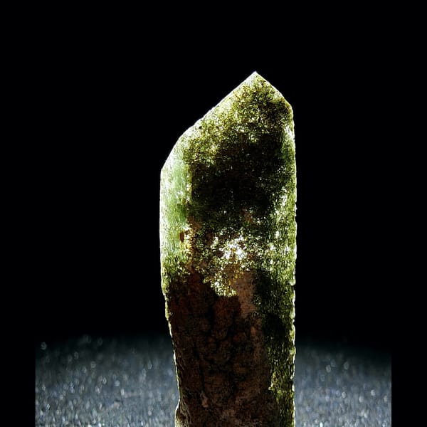 Himalayan green chlorite phantom quartz point from Tibet — alternate view