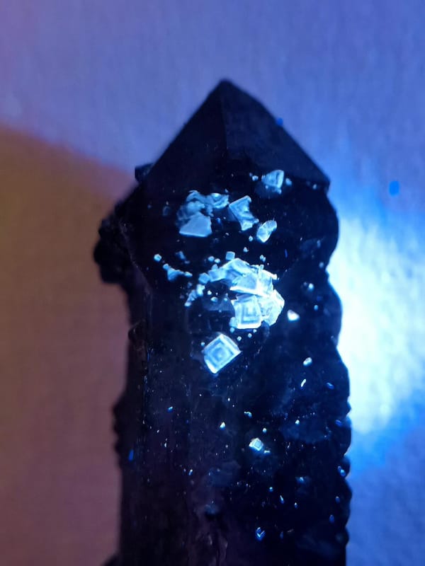 Smoky Quartz Point with Secondary Growth and Fluorite Cubes — Inner Mongolia, China, natural mineral specimen, photo 4 of 5