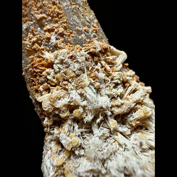 Tall quartz crusted with yellow needle calcite from Inner Mongolia — alternate view