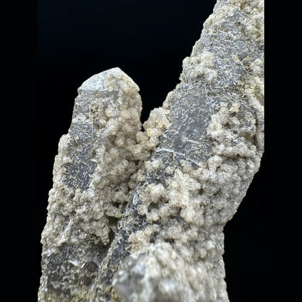 Smoky quartz floater with sugary fluorite from Inner Mongolia — detail view