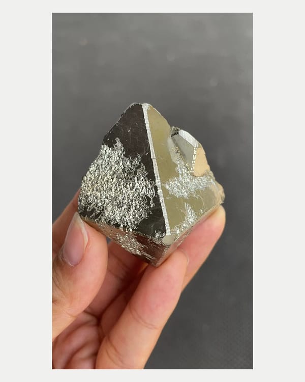 Complete left oblique view showing dense stepped pyrite texture