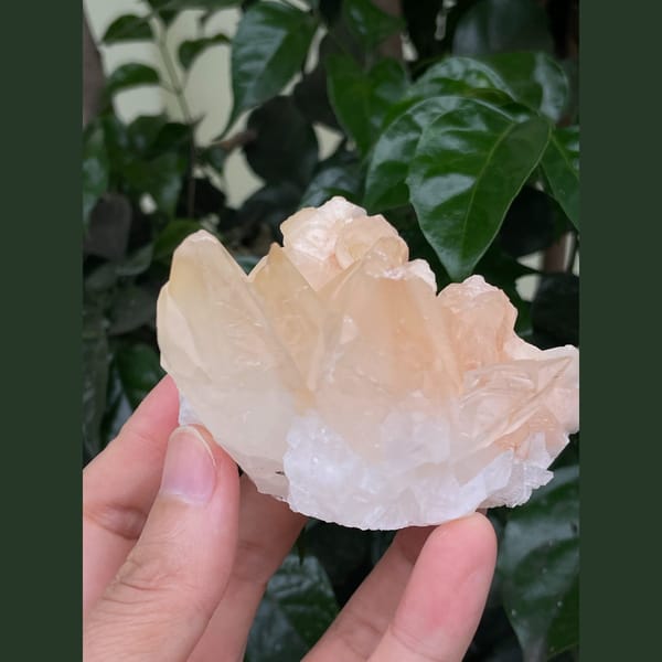 Frosty peach to pale pink calcite crystal cluster — alternate view