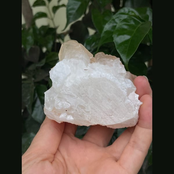 Frosty peach to pale pink calcite crystal cluster — detail view