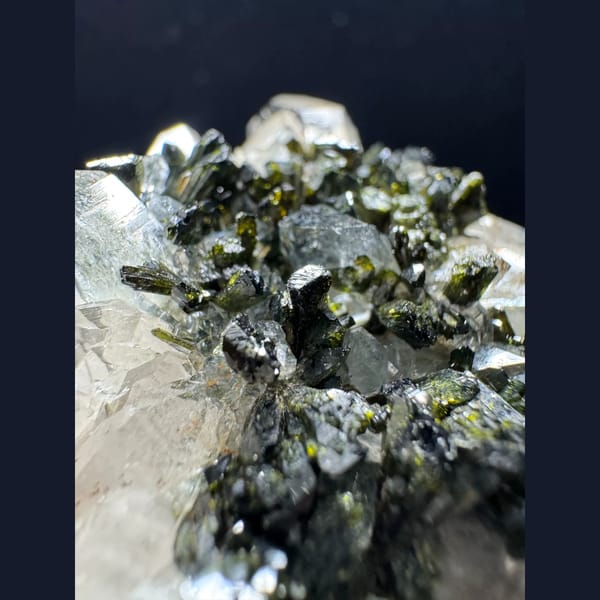 Ball-shaped quartz cluster with green epidote from Turkey — alternate view