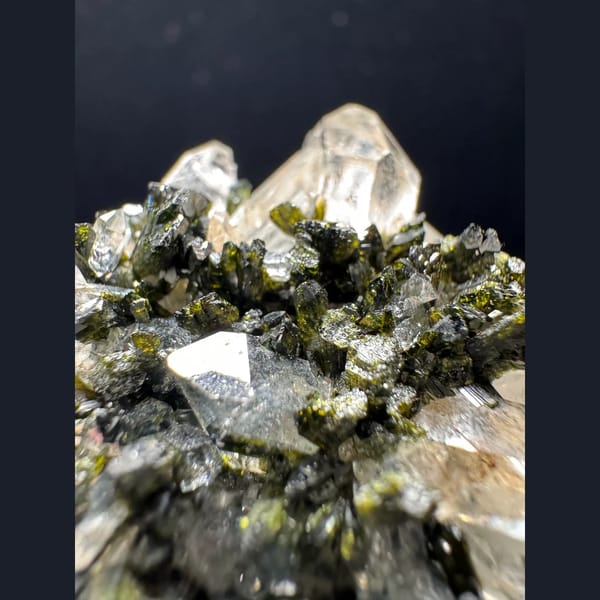 Ball-shaped quartz cluster with green epidote from Turkey — alternate view
