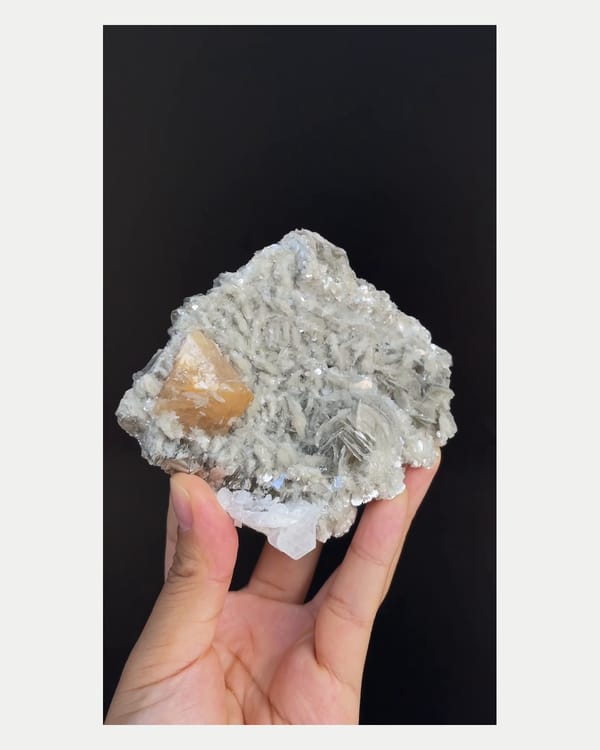 Complete front view of scheelite on mica and feldspar
