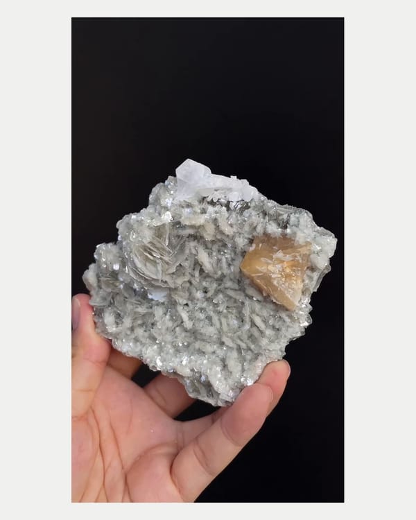 Complete left oblique view of scheelite on mica and feldspar