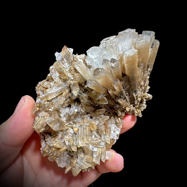 Radiating sprays of tea-brown bladed calcite from Fujian — alternate view