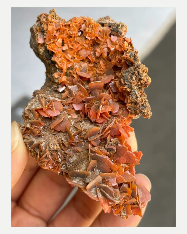 Complete front view of the orange wulfenite crystal plate from Kumutag