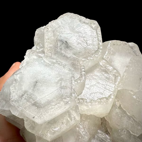 Chunky cluster of milky hexagonal calcite crystals from Fujian — alternate view