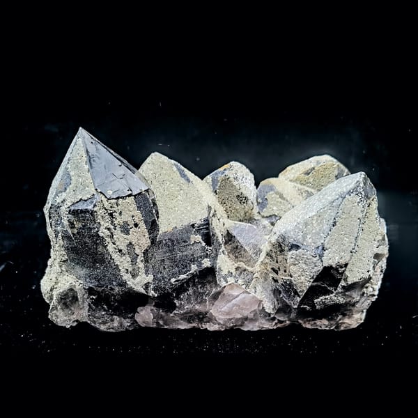 Smoky quartz cluster with epidote and feldspar from Shandong — complete view