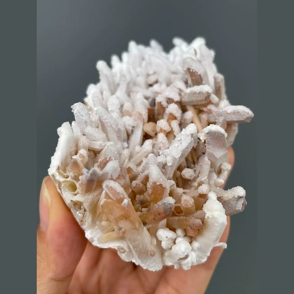 Frosted pale citrine point plate with dolomite from Jinkouhe, Sichuan — alternate view