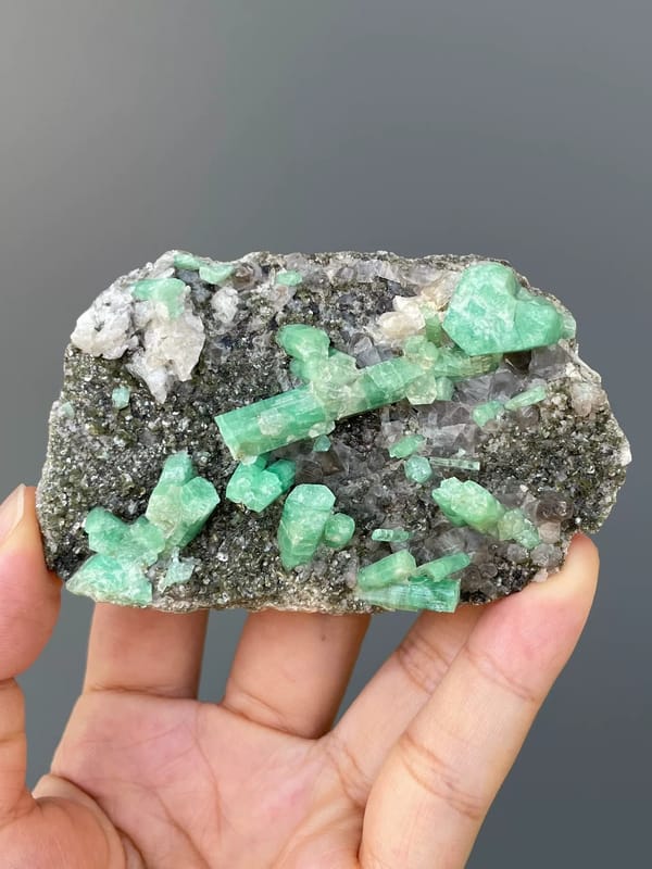 Green Beryl Crystals on Dark Matrix — Wenshan, Yunnan — full specimen view 2 of 5