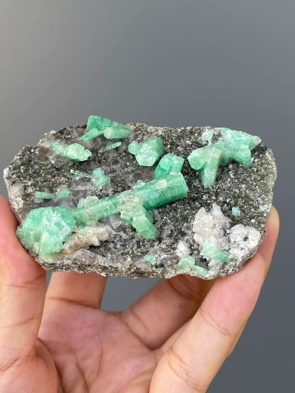 Green Beryl Crystals on Dark Matrix — Wenshan, Yunnan — full specimen view 3 of 5